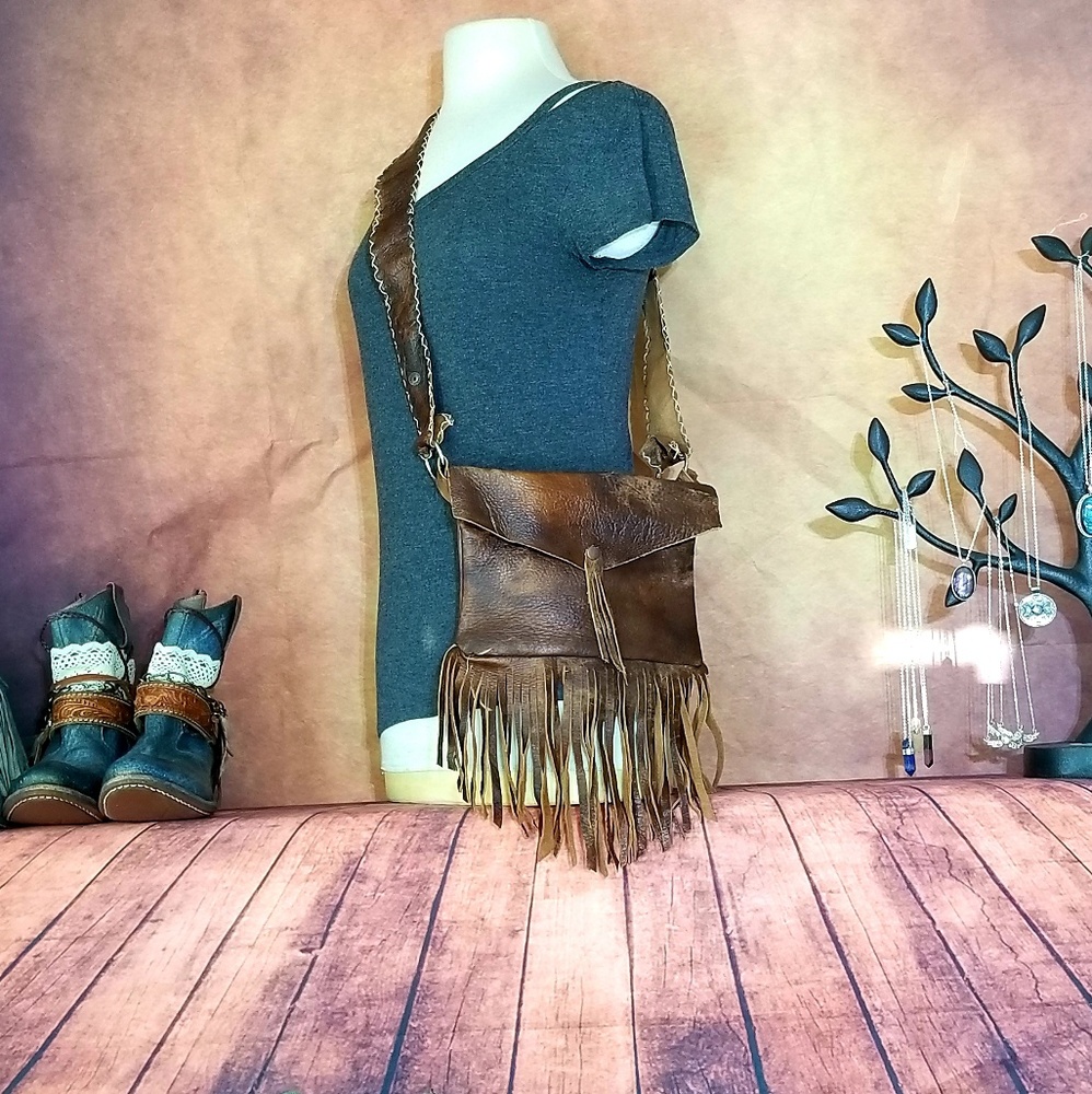 Handmade leather fringe cross body bag